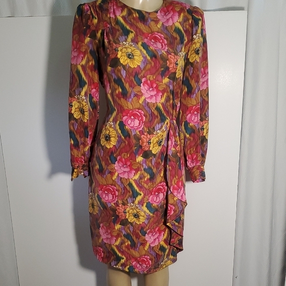 Pat Argenti Dresses & Skirts - Vintage 80s Pat Argenti 100%Silk Dress 12 Pink Floral Long Sleeve Sheath Y2K
